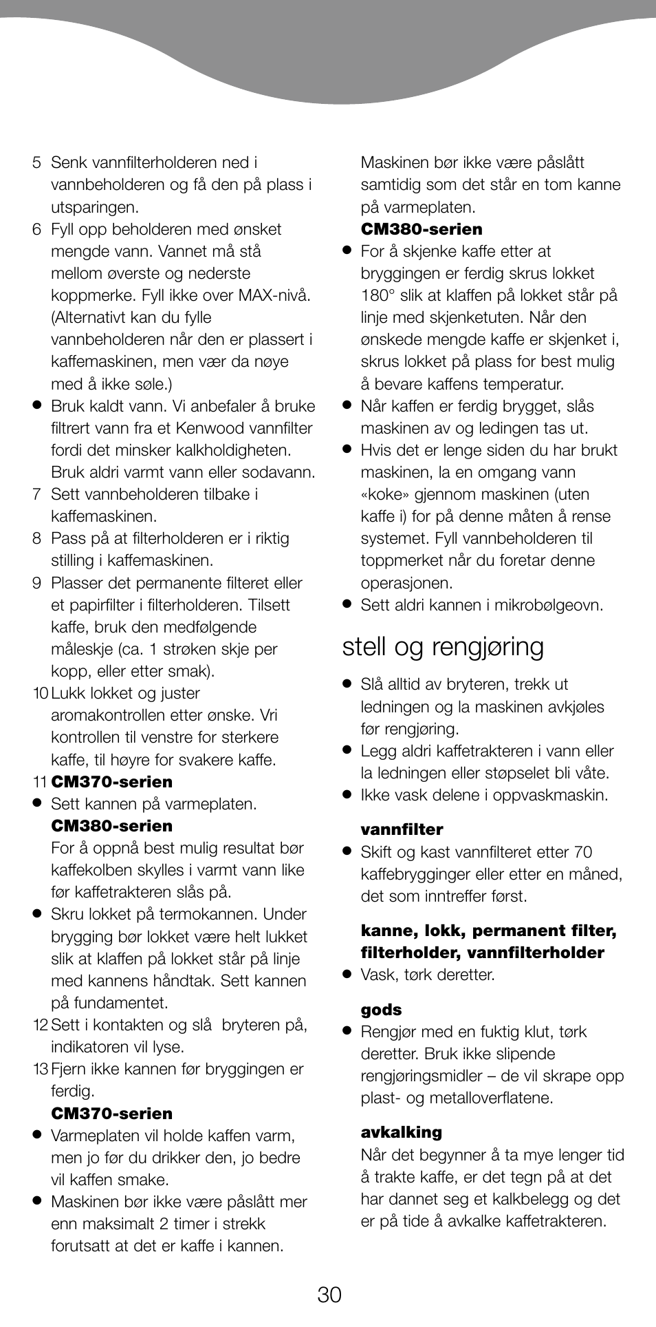 Stell og rengjøring | Kenwood CM370 User Manual | Page 33 / 59