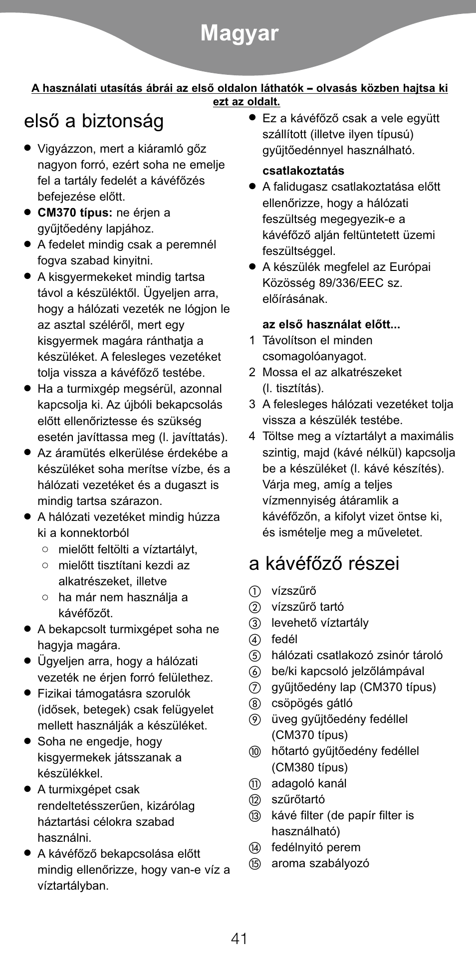 Magyar, Elsò a biztonság, A kávéfòzò részei | Kenwood CM370 User Manual | Page 44 / 59