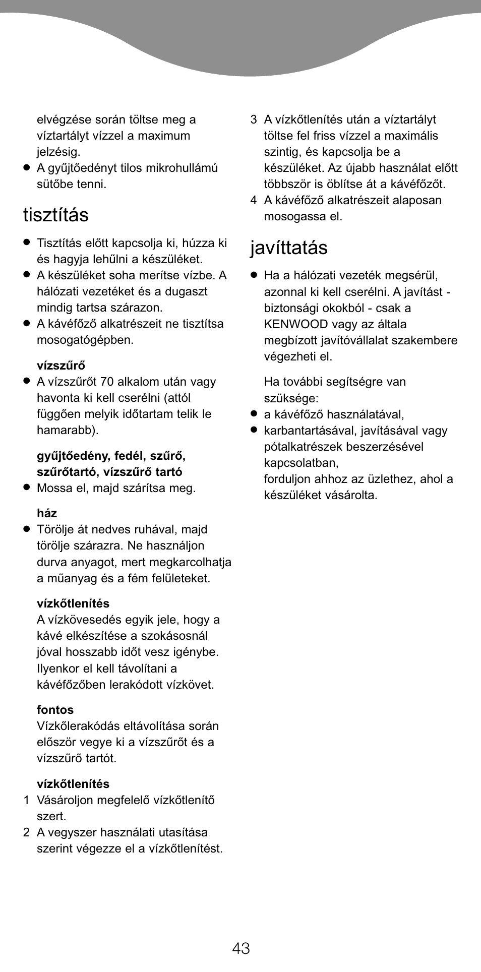 Tisztítás, Javíttatás | Kenwood CM370 User Manual | Page 46 / 59