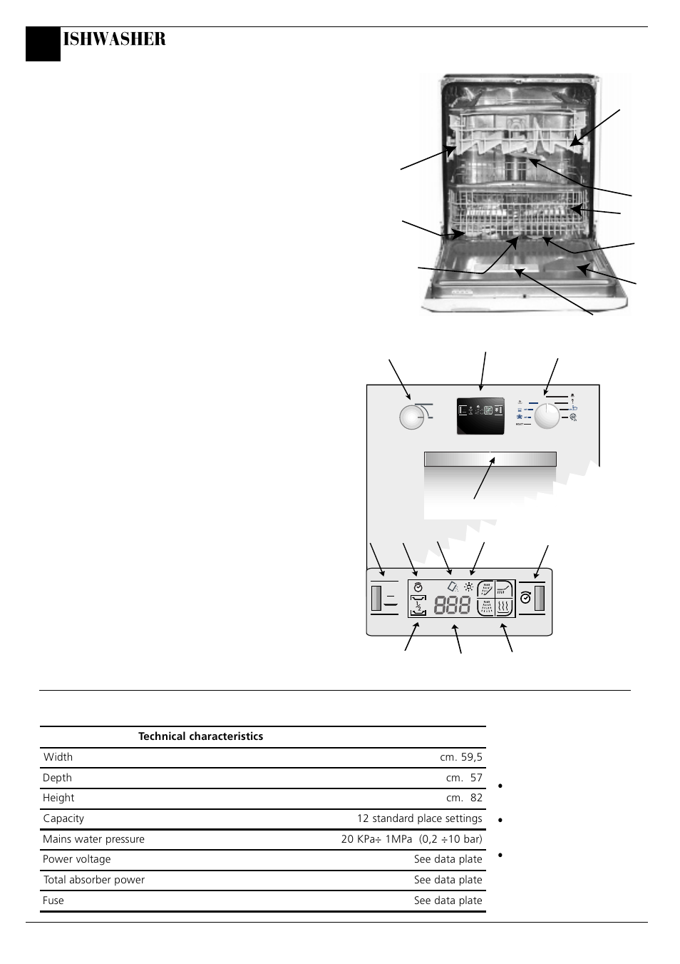 Getting to know your dishwasher, The controls, Technical characteristics | Ishwasher | Hotpoint BFT68 User Manual | Page 8 / 20