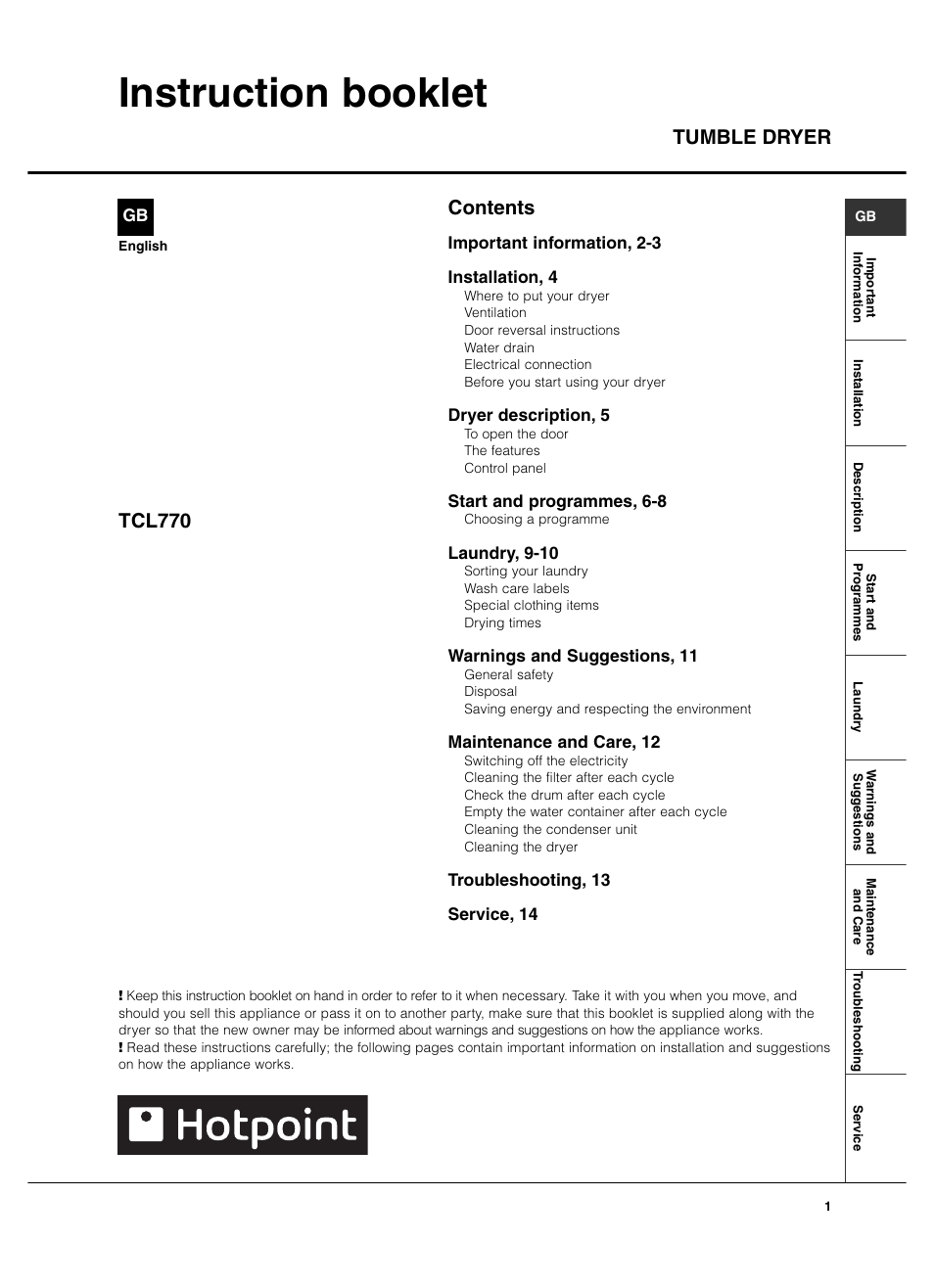 Hotpoint TCL770 User Manual | 16 pages