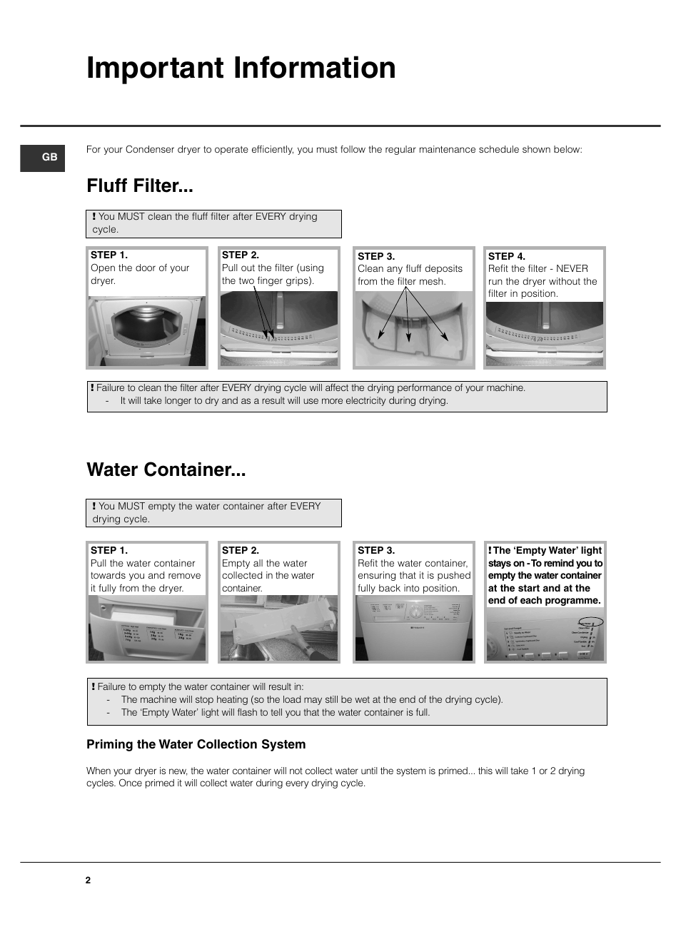 Important information, Fluff filter, Water container | Hotpoint TCL770 User Manual | Page 2 / 16