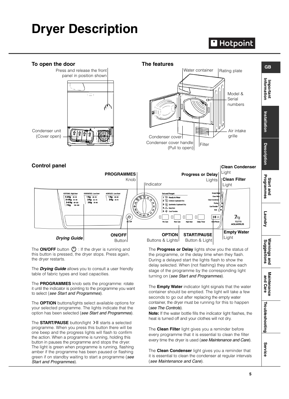 Dryer description, Control panel | Hotpoint TCL770 User Manual | Page 5 / 16