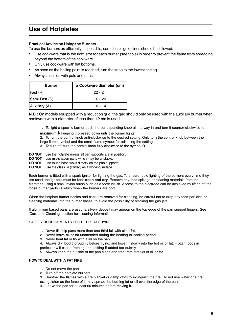 Use of hotplates | Hotpoint HL500G User Manual | Page 15 / 28