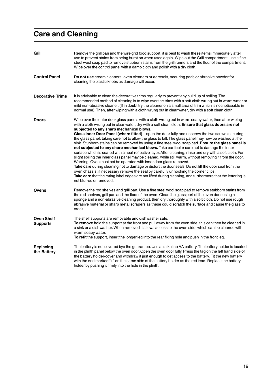 Care and cleaning | Hotpoint HL500G User Manual | Page 19 / 28