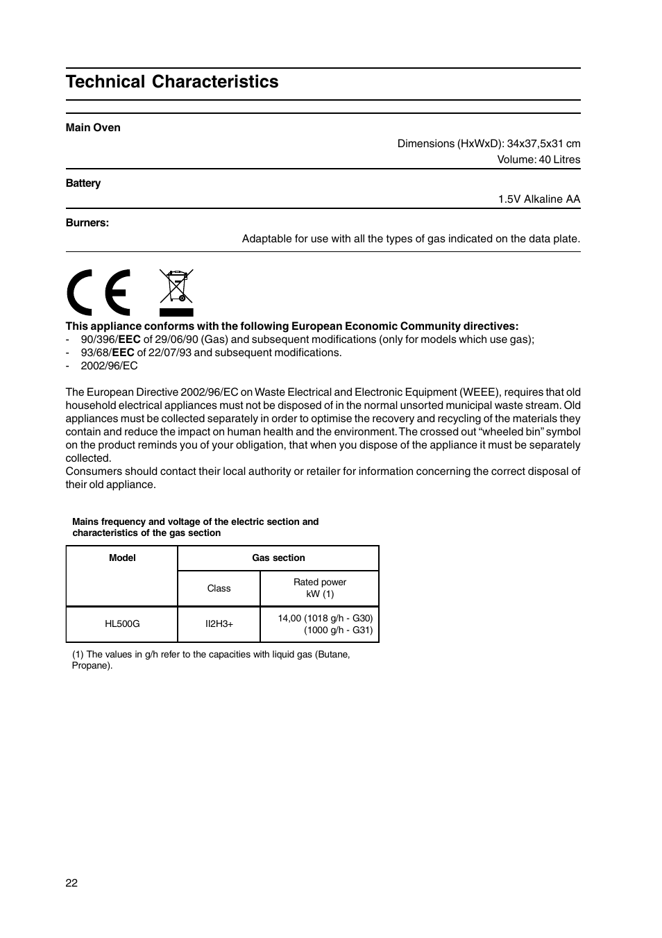 Technical characteristics | Hotpoint HL500G User Manual | Page 22 / 28