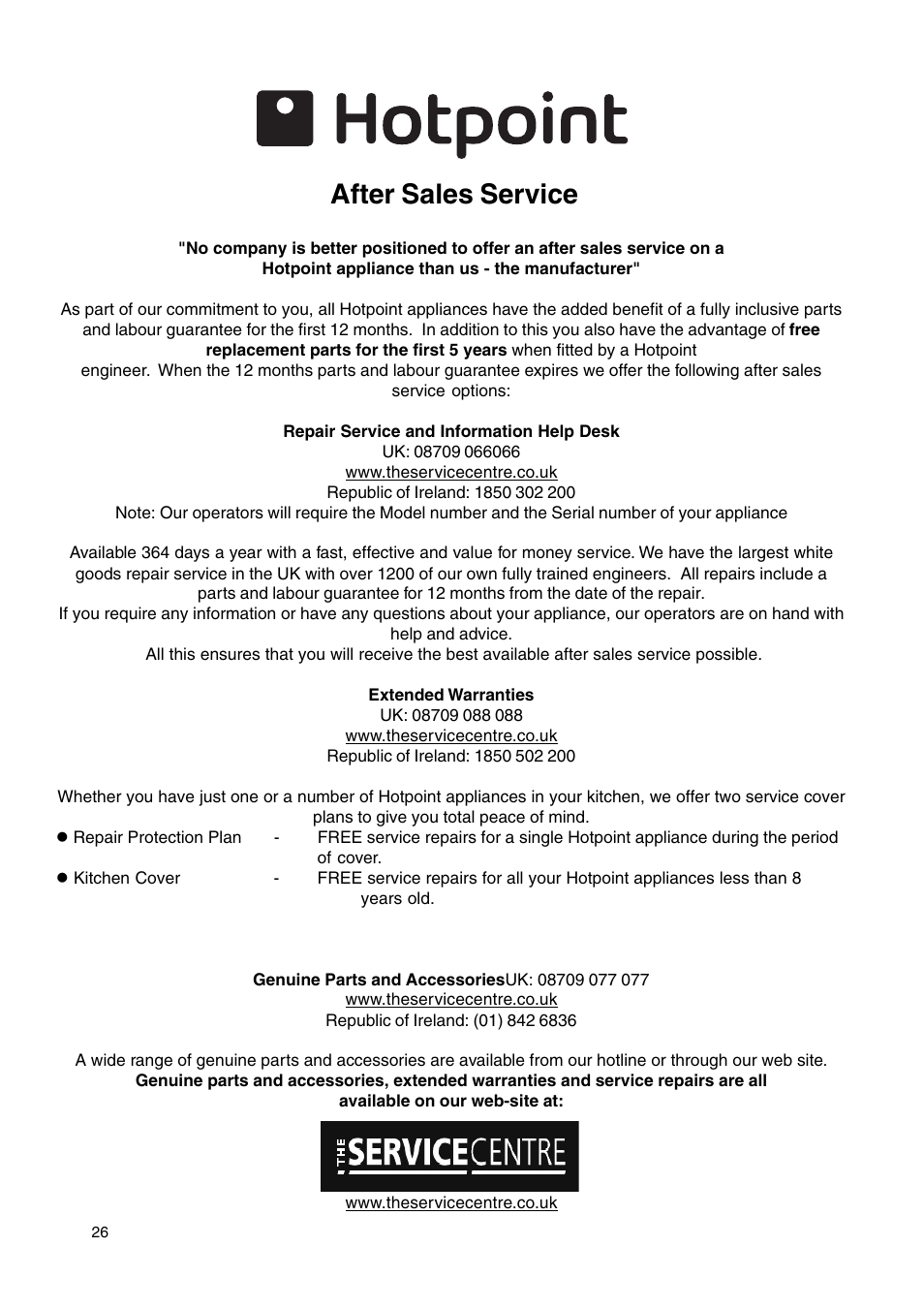 After sales service | Hotpoint HL500G User Manual | Page 26 / 28