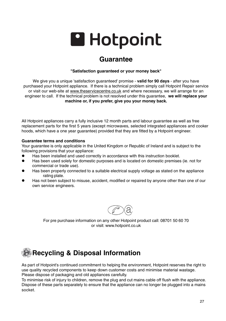 Guarantee, Recycling & disposal information | Hotpoint HL500G User Manual | Page 27 / 28