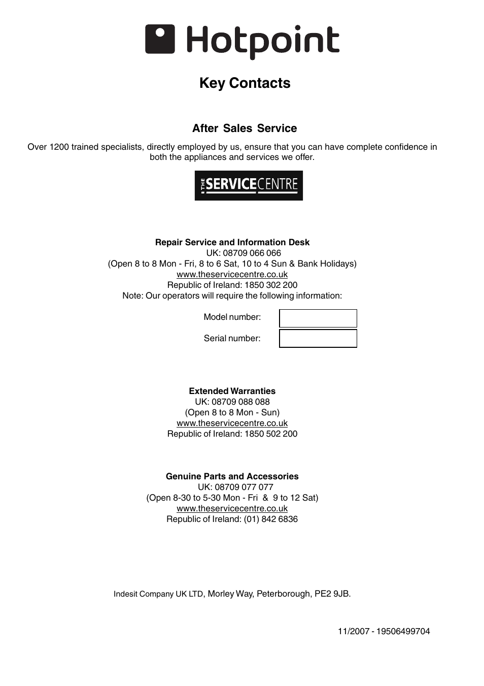 Key contacts, After sales service | Hotpoint HL500G User Manual | Page 28 / 28