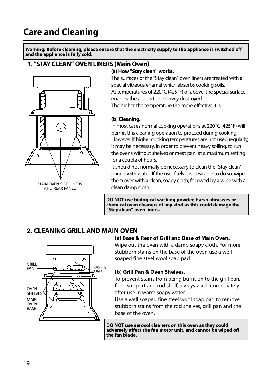 Care and cleaning, “stay clean” oven liners (main oven), Cleaning grill and main oven | Hotpoint S220E User Manual | Page 20 / 28