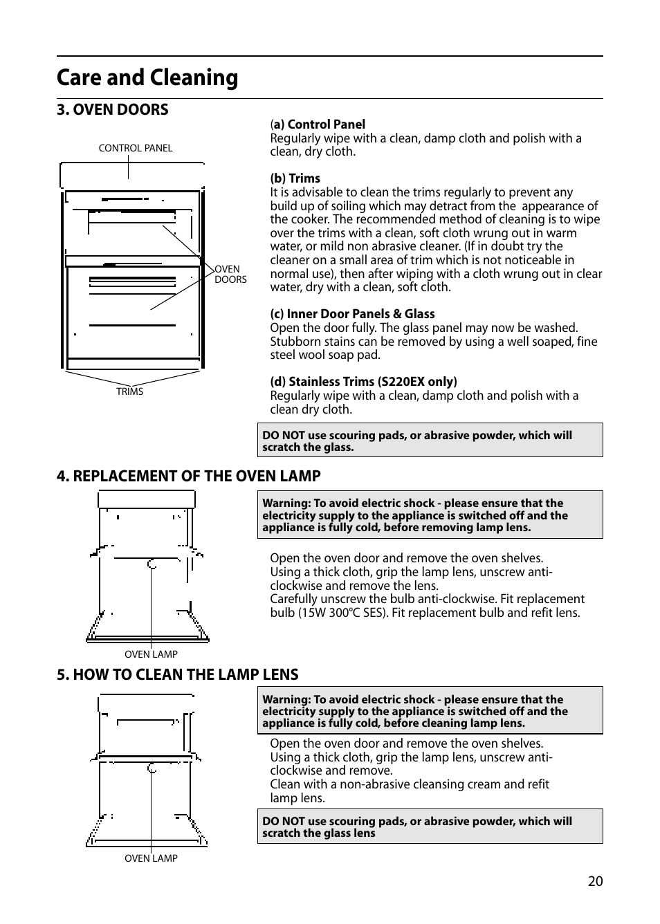 Care and cleaning, Oven doors, Replacement of the oven lamp | How to clean the lamp lens | Hotpoint S220E User Manual | Page 21 / 28
