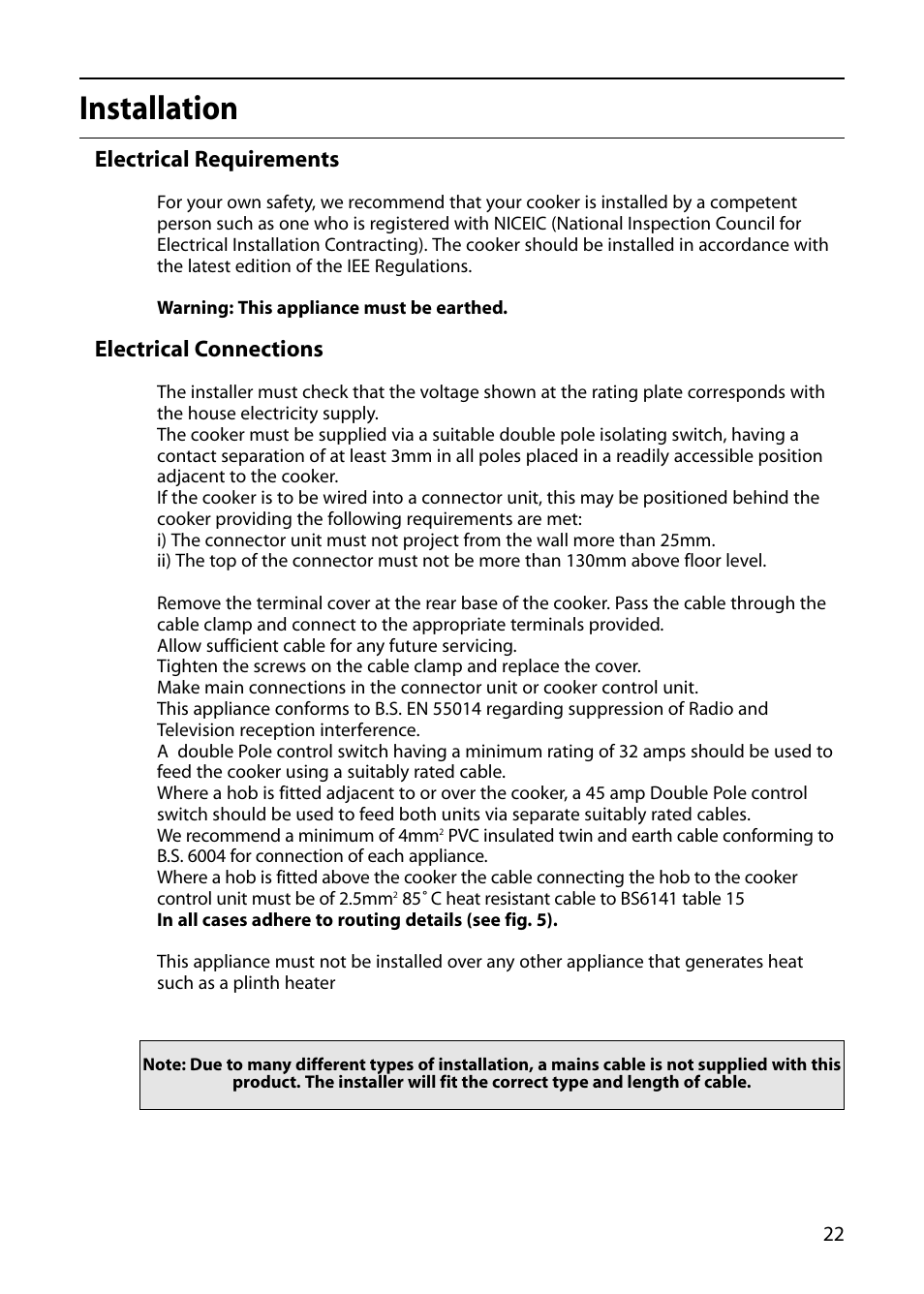 Installation, Electrical requirements, Electrical connections | Hotpoint S220E User Manual | Page 23 / 28