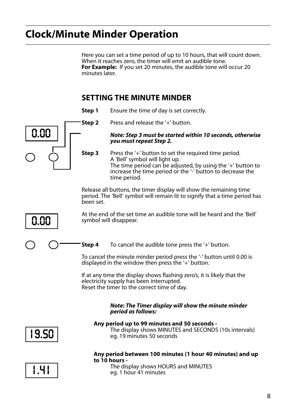 Clock/minute minder operation, Setting the minute minder | Hotpoint S220E User Manual | Page 9 / 28