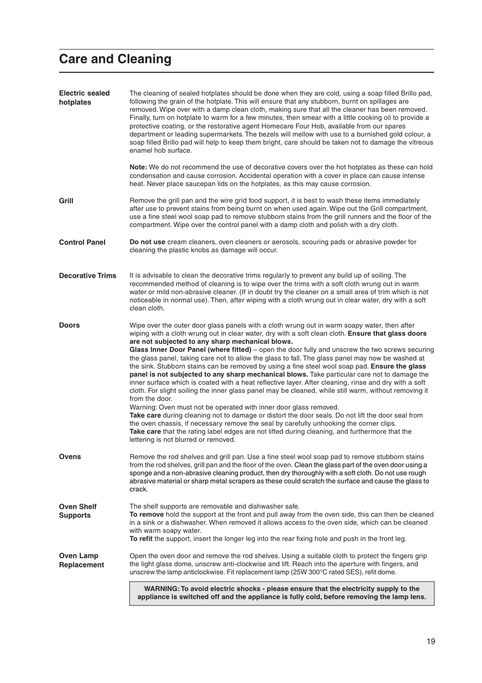 Care and cleaning | Hotpoint HW170EK User Manual | Page 19 / 28