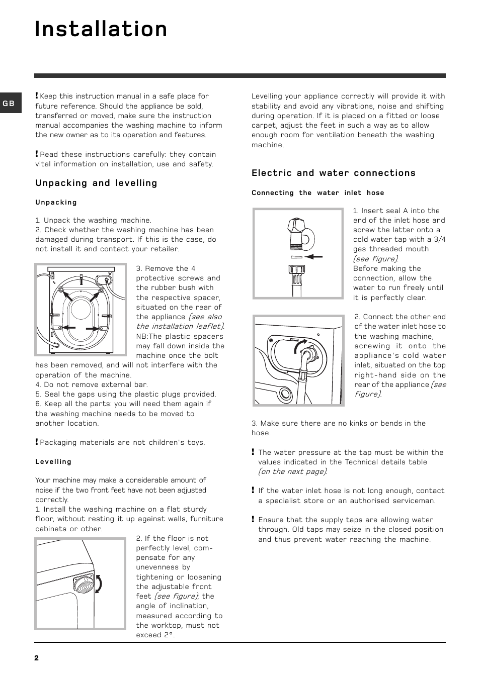 Installation, Electric and water connections, Unpacking and levelling | Hotpoint wml 520 User Manual | Page 2 / 16