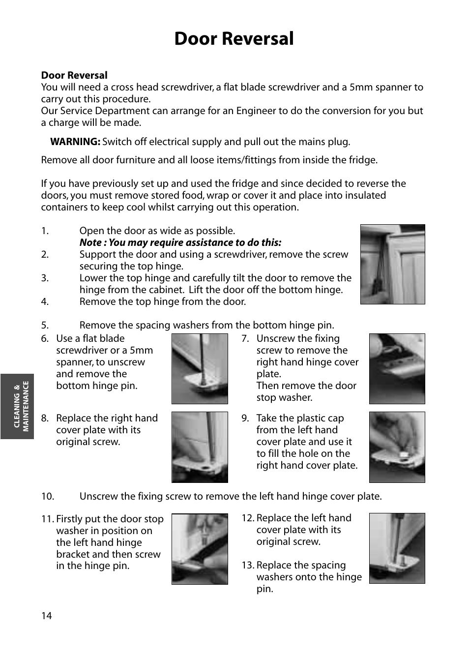 Door reversal | Hotpoint RLA52 User Manual | Page 14 / 20