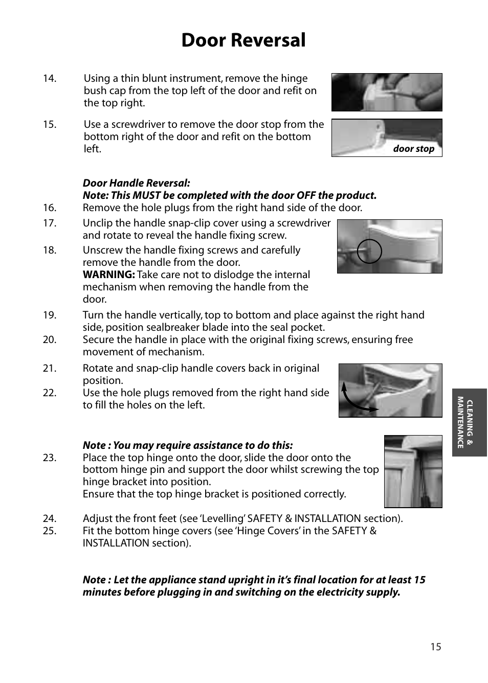 Door reversal | Hotpoint RLA52 User Manual | Page 15 / 20