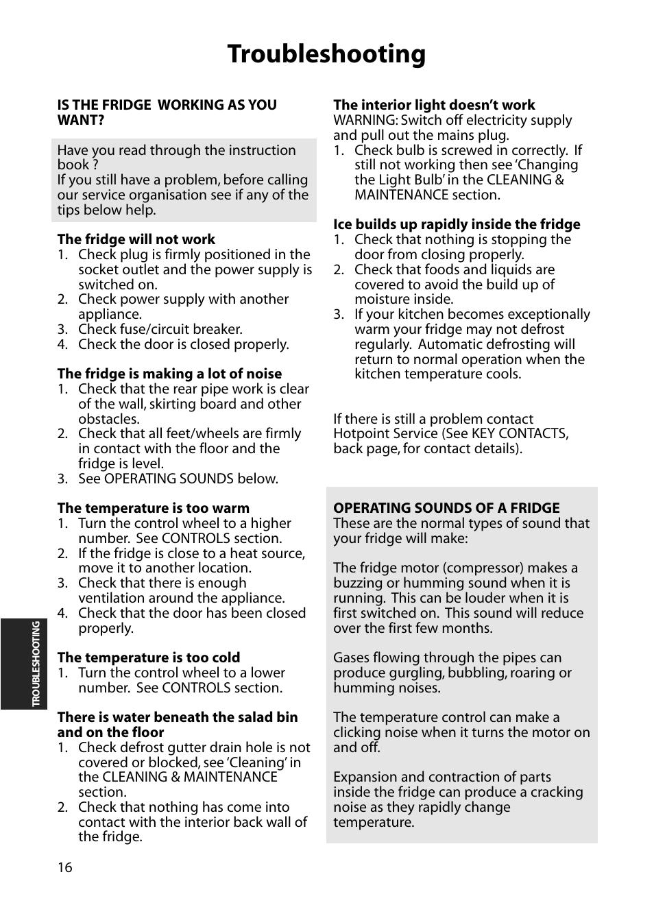 Troubleshooting | Hotpoint RLA52 User Manual | Page 16 / 20