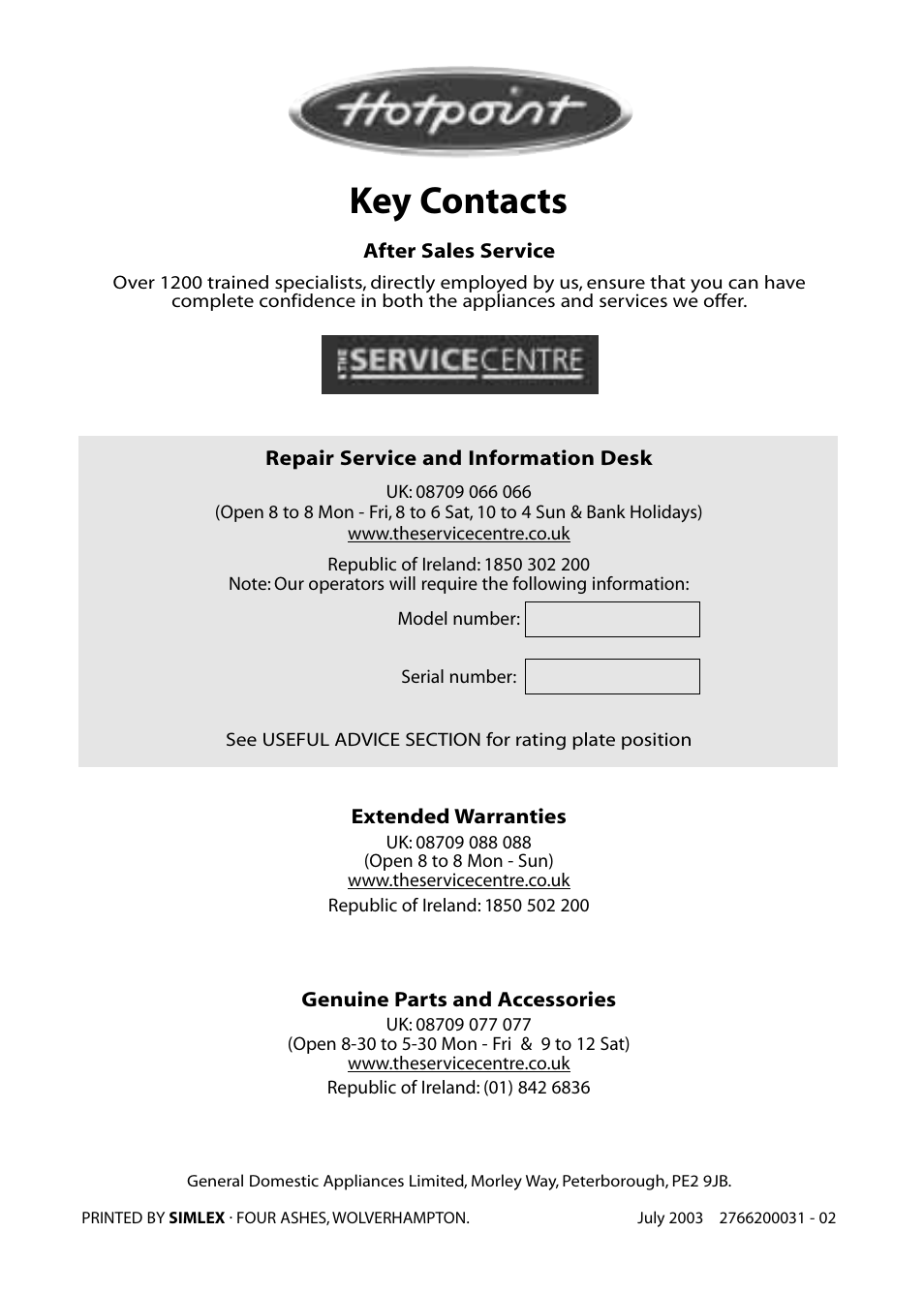 Key contacts | Hotpoint RLA52 User Manual | Page 20 / 20