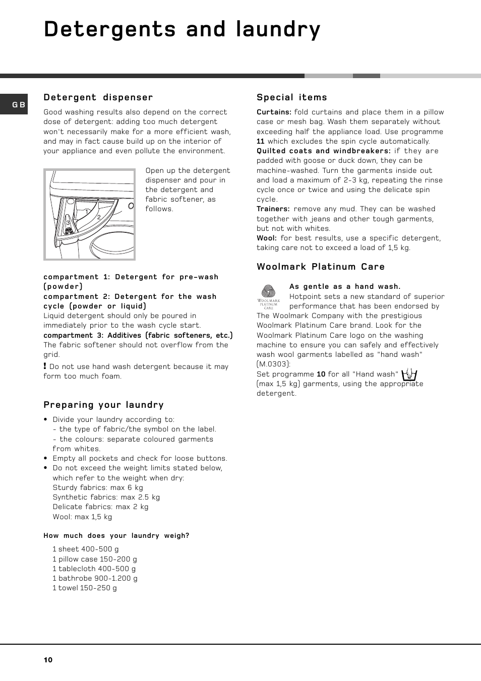 Detergents and laundry, Detergent dispenser, Preparing your laundry | Special items, Woolmark platinum care | Hotpoint WF 561 P User Manual | Page 10 / 16