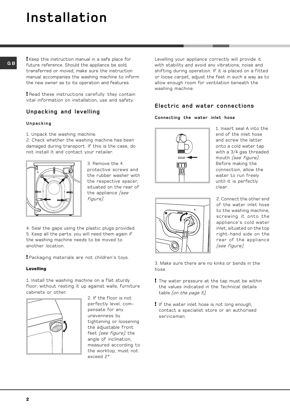 Installation, Unpacking and levelling, Electric and water connections | Hotpoint WF 561 P User Manual | Page 2 / 16