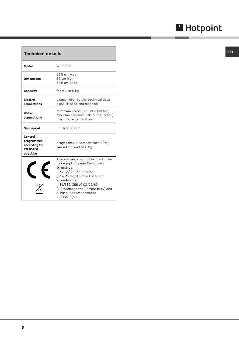 Technical details | Hotpoint WF 561 P User Manual | Page 5 / 16