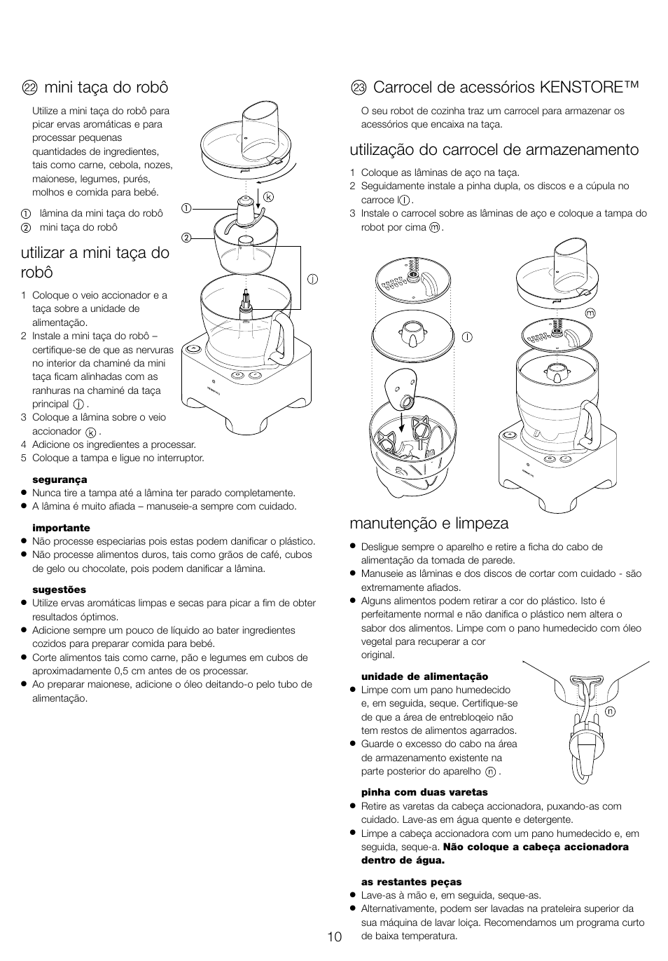 Mini taça do robô, Utilizar a mini taça do robô, Carrocel de acessórios kenstore | Utilização do carrocel de armazenamento, Manutenção e limpeza | Kenwood FP940 User Manual | Page 12 / 54