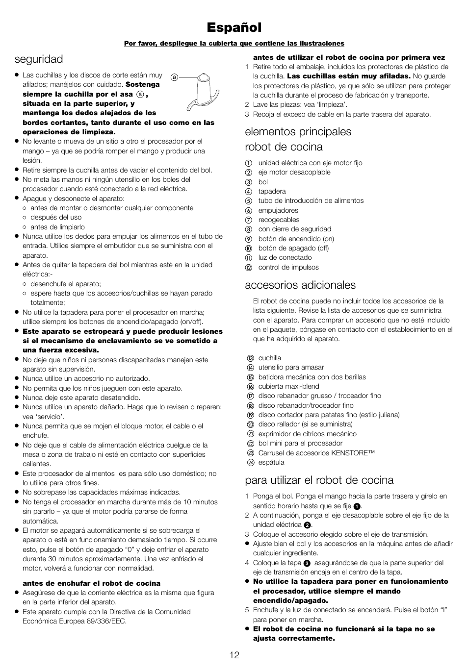 Español, Seguridad, Elementos principales robot de cocina | Accesorios adicionales, Para utilizar el robot de cocina | Kenwood FP940 User Manual | Page 14 / 54