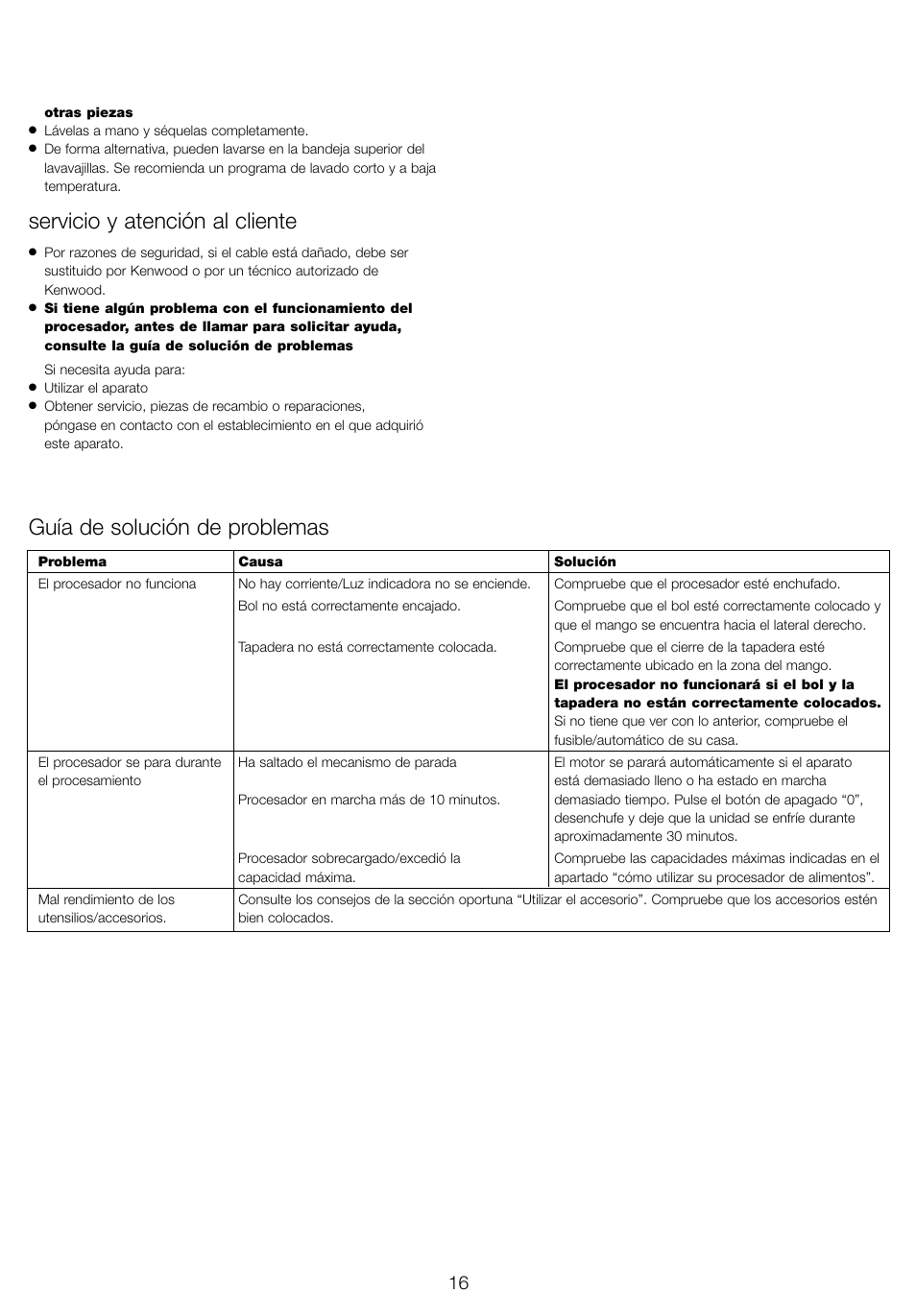 Servicio y atención al cliente, Guía de solución de problemas | Kenwood FP940 User Manual | Page 18 / 54