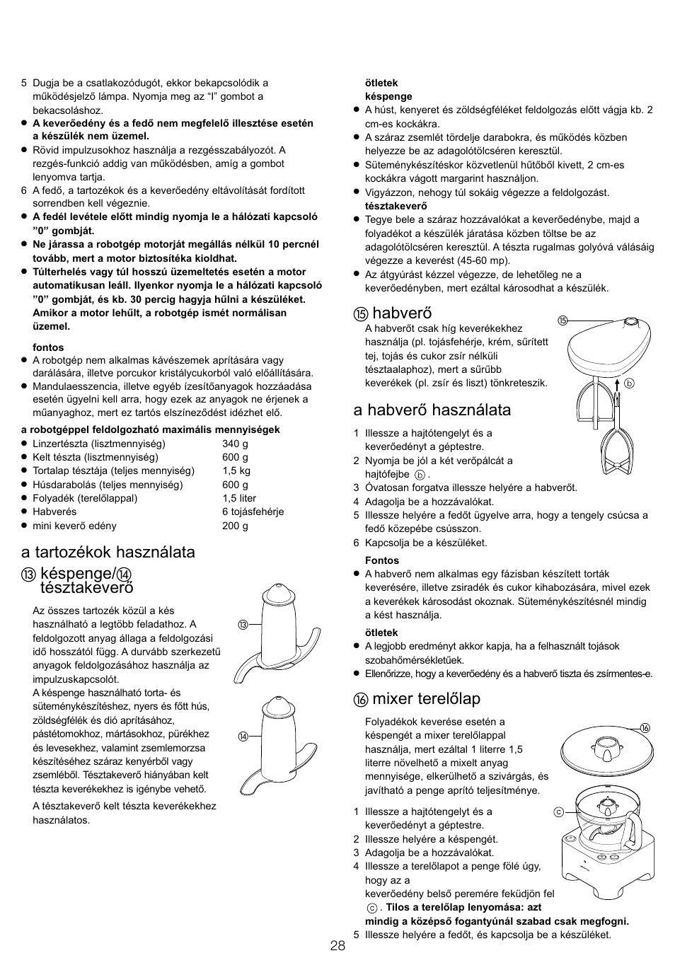 A tartozékok használata, Késpenge, Tésztakeverò | Habverò, A habverò használata, Mixer terelòlap | Kenwood FP940 User Manual | Page 30 / 54