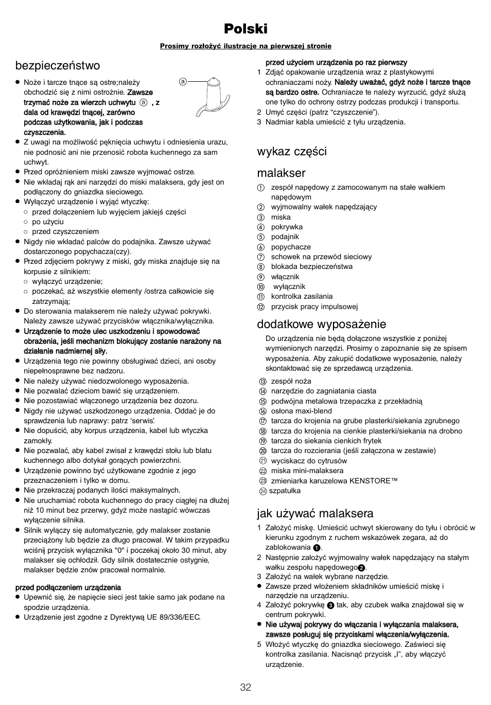 Polski, Bezpieczeństwo, Wykaz części malakser | Dodatkowe wyposażenie, Jak używać malaksera | Kenwood FP940 User Manual | Page 34 / 54