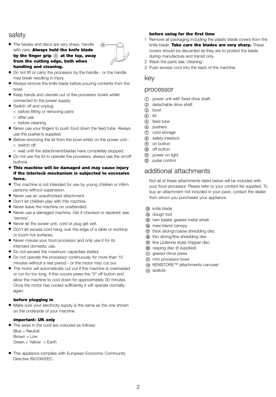 Safety, Key processor, Additional attachments | Kenwood FP940 User Manual | Page 4 / 54