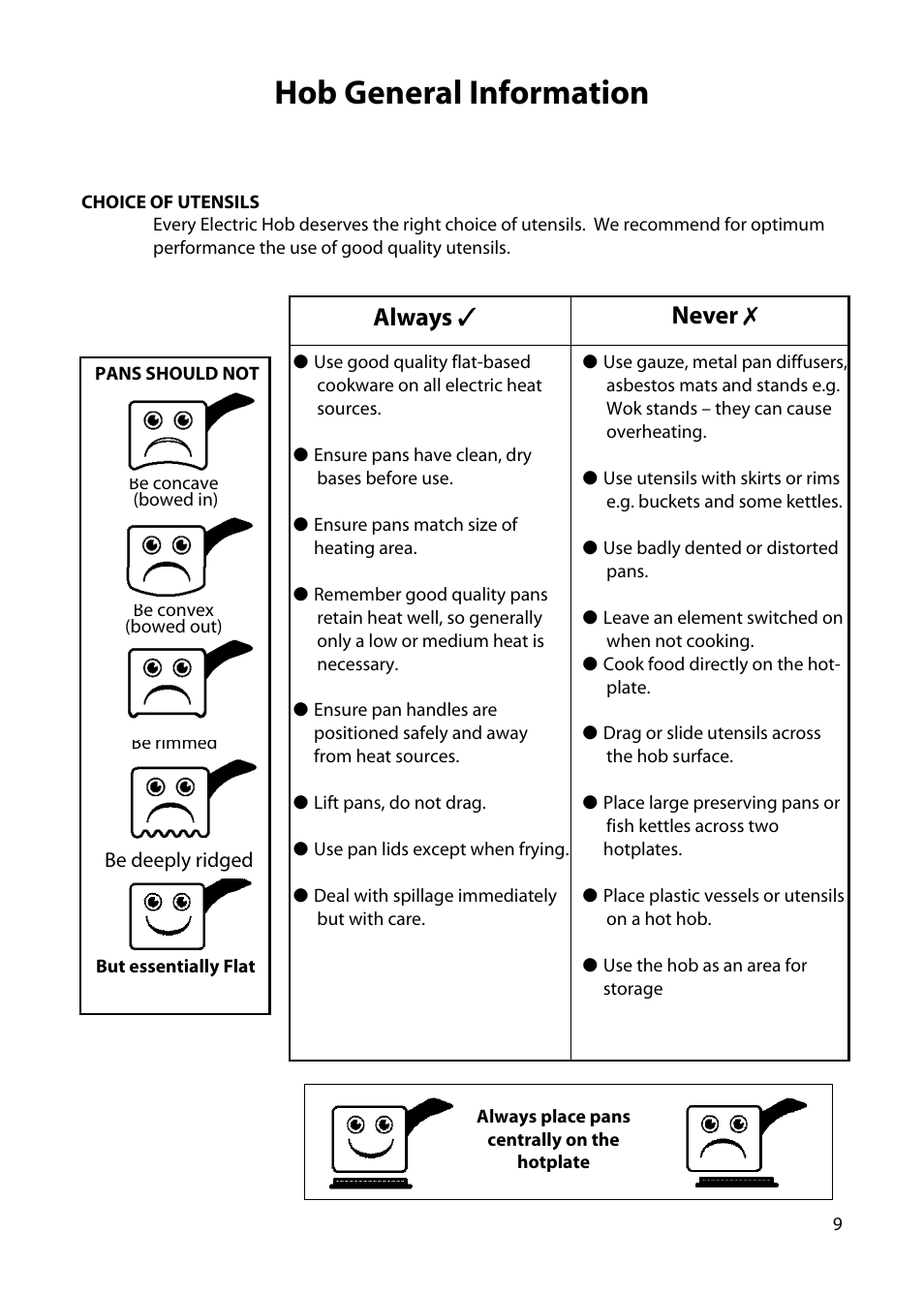 Hob general information, Always, Never | Hotpoint H150E User Manual | Page 11 / 24