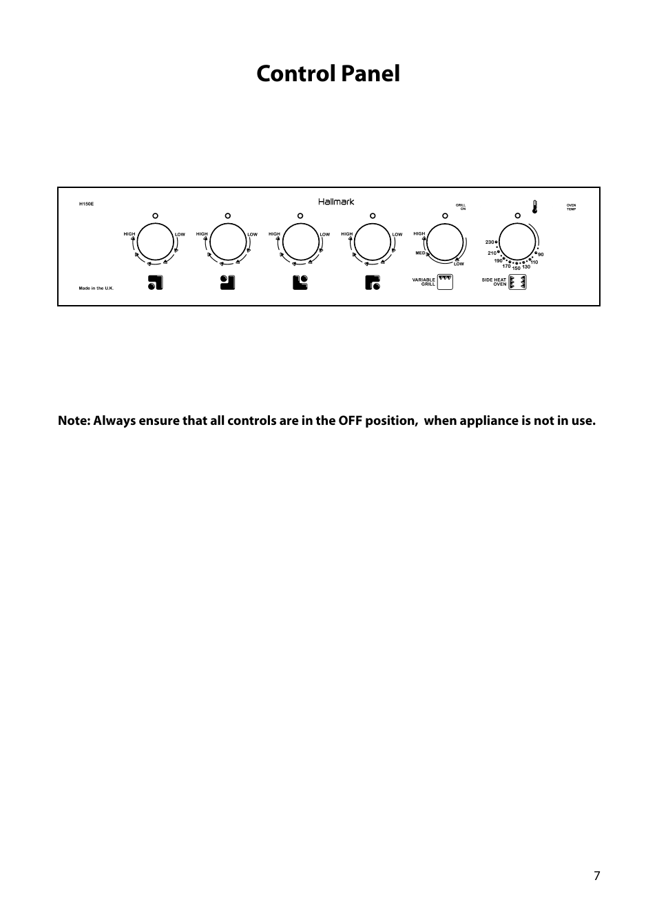 Control panel | Hotpoint H150E User Manual | Page 9 / 24