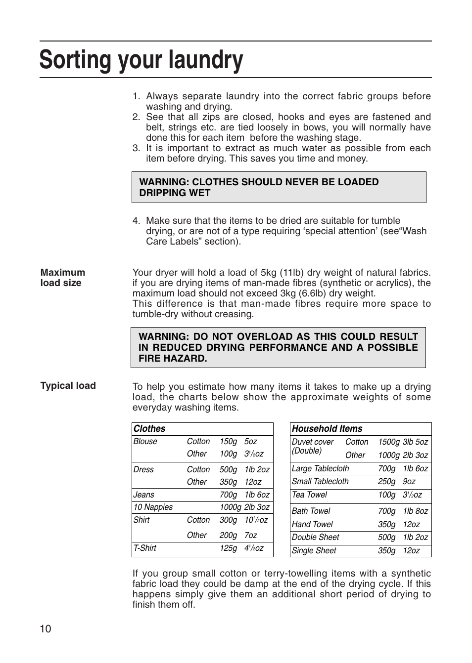 Sorting your laundry | Hotpoint Tumble Dryer User Manual | Page 10 / 24