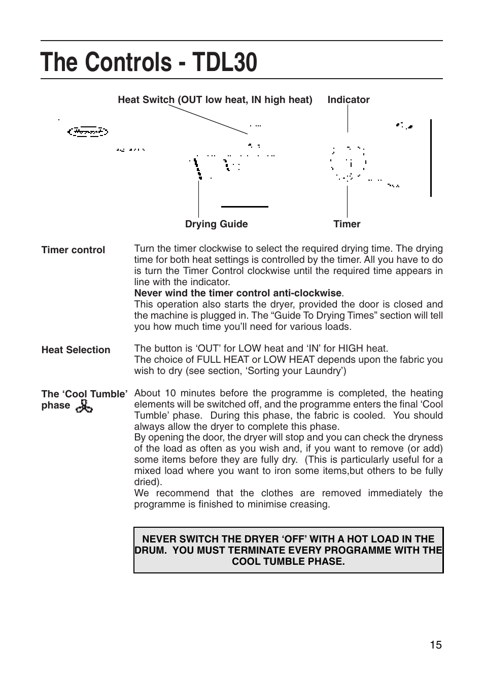 The controls - tdl30 | Hotpoint Tumble Dryer User Manual | Page 15 / 24