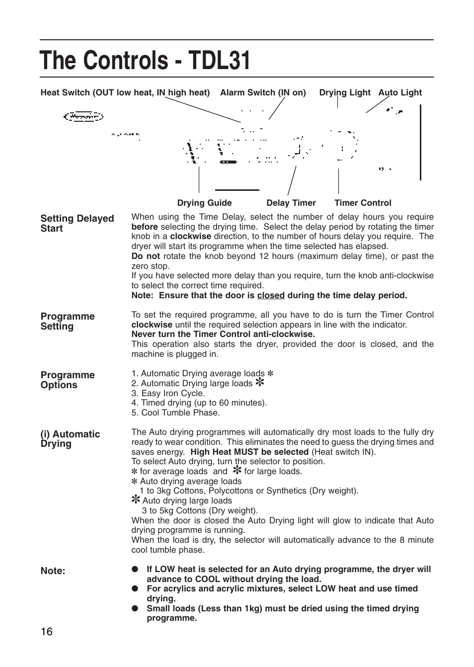 The controls - tdl31 | Hotpoint Tumble Dryer User Manual | Page 16 / 24