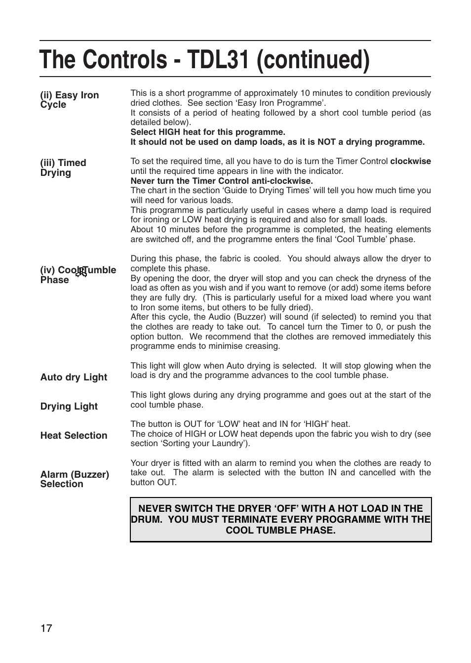 The controls - tdl31 (continued) | Hotpoint Tumble Dryer User Manual | Page 17 / 24