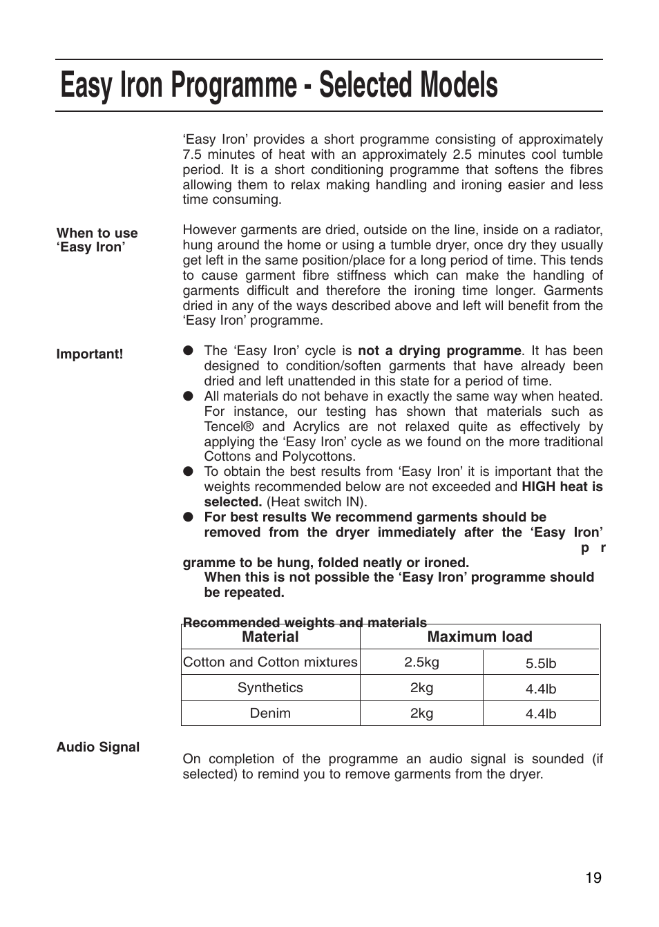 Easy iron programme - selected models | Hotpoint Tumble Dryer User Manual | Page 19 / 24