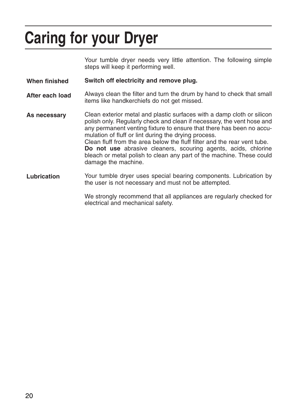 Caring for your dryer | Hotpoint Tumble Dryer User Manual | Page 20 / 24