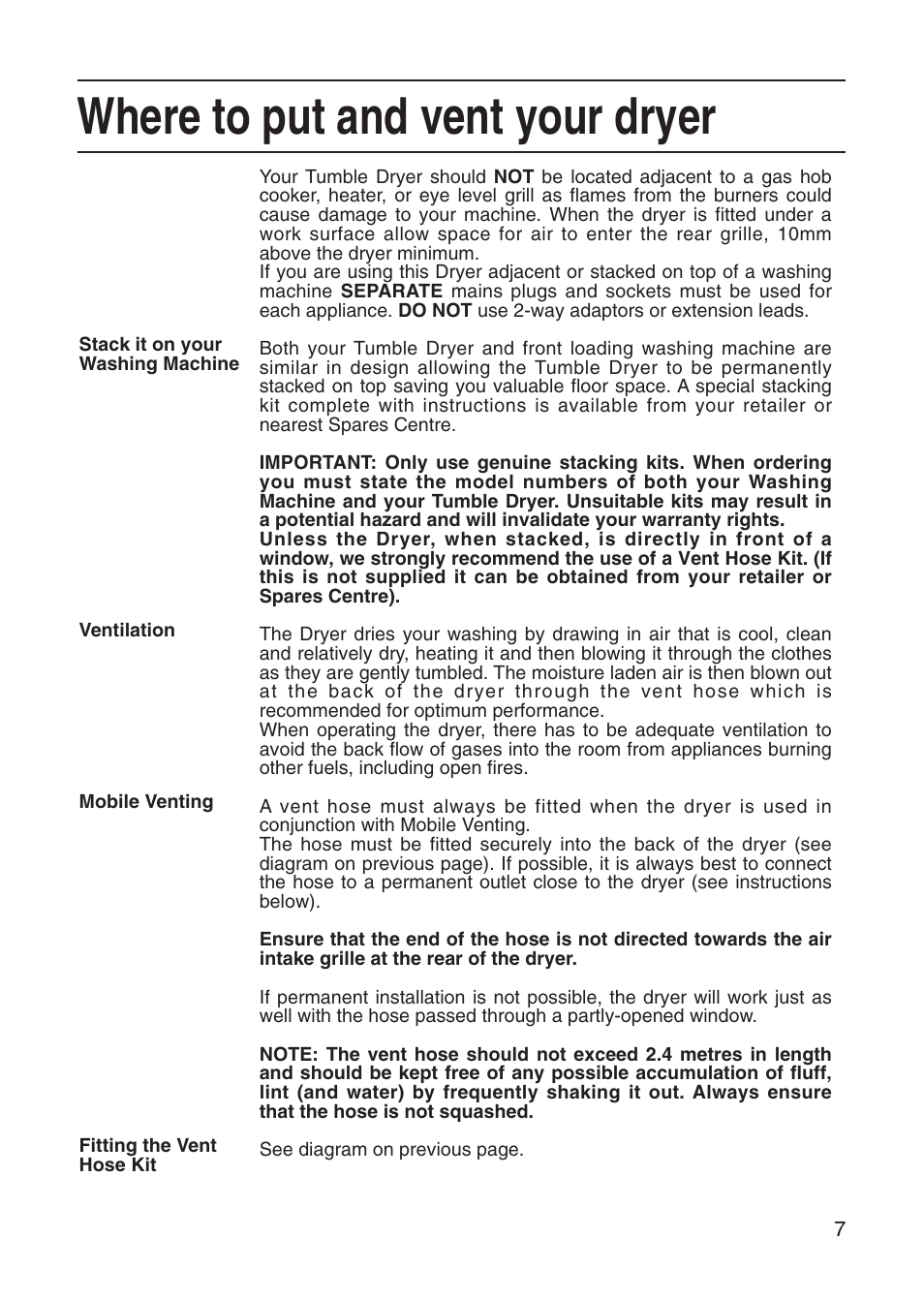 Where to put and vent your dryer | Hotpoint Tumble Dryer User Manual | Page 7 / 24