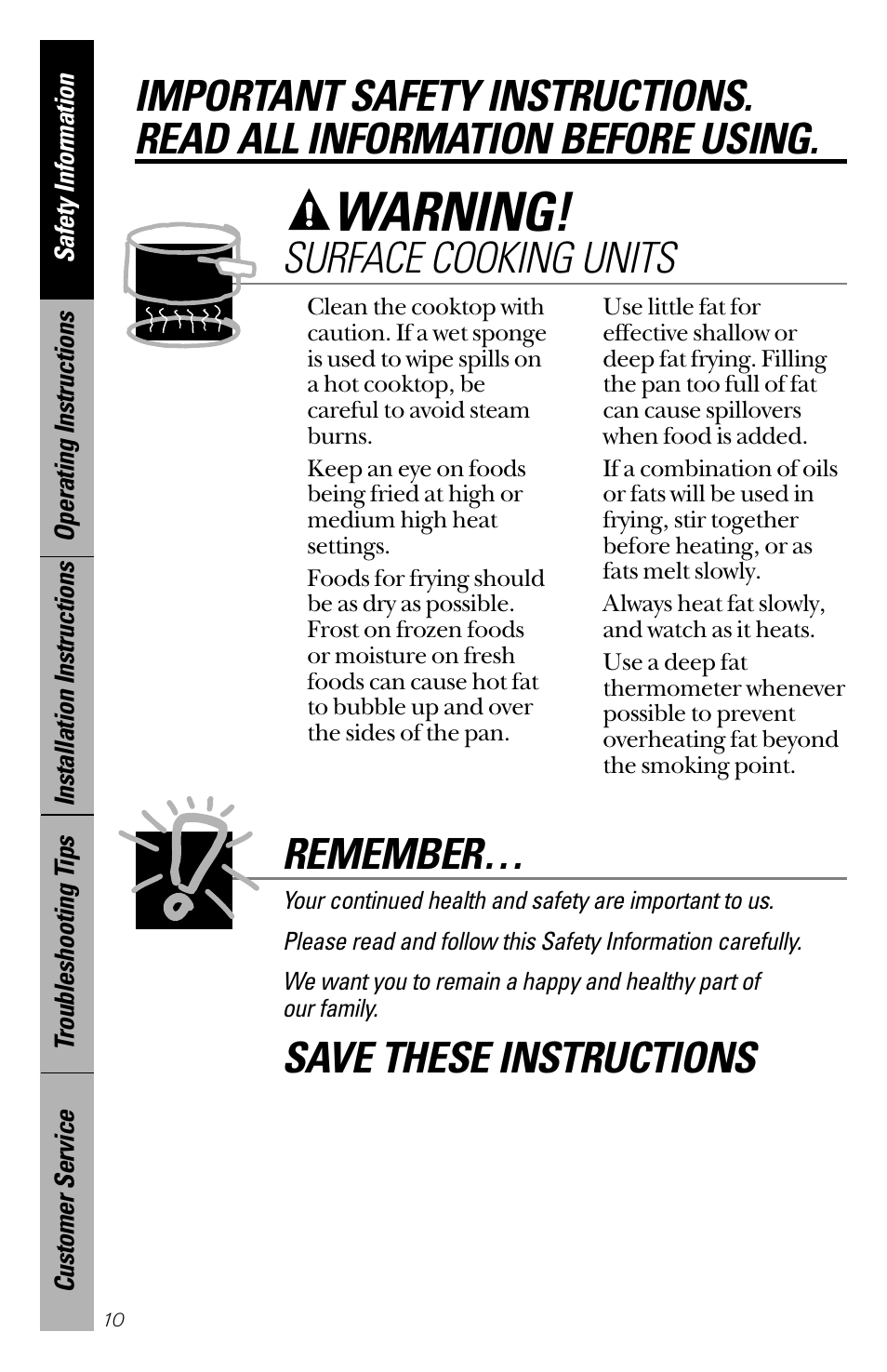 Warning, Surface cooking units, Remember | Save these instructions | Hotpoint RB533 User Manual | Page 10 / 40