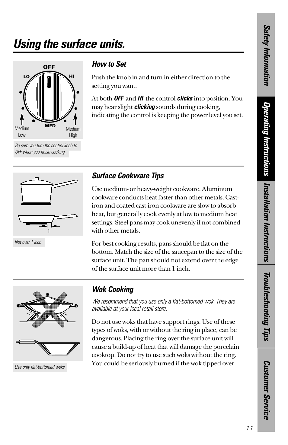 Using the surface units, How to set, Wok cooking | Surface cookware tips | Hotpoint RB533 User Manual | Page 11 / 40