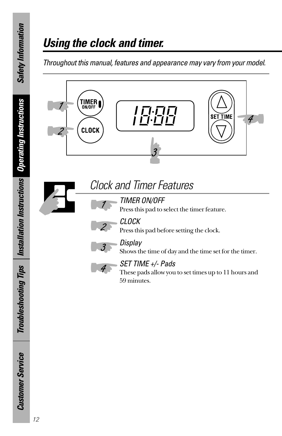 Using the clock and timer, Using the clock and timer , 13, Clock and timer features | Hotpoint RB533 User Manual | Page 12 / 40