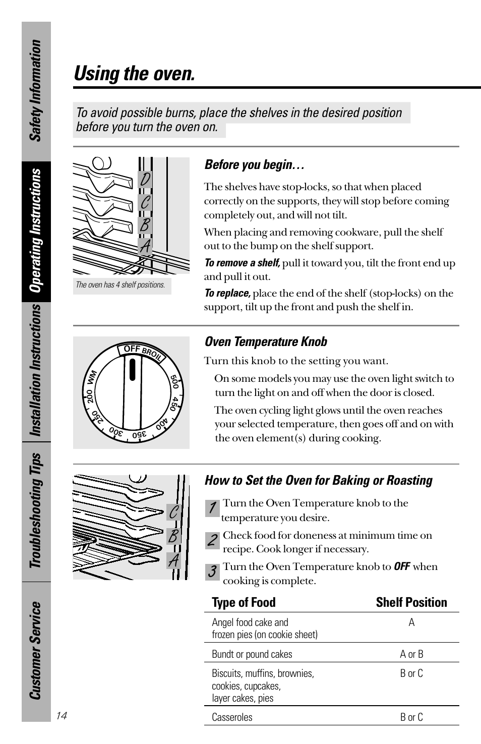 Using the oven, Using the oven , 15, Ab c d | Ab c, How to set the oven for baking or roasting, Oven temperature knob | Hotpoint RB533 User Manual | Page 14 / 40