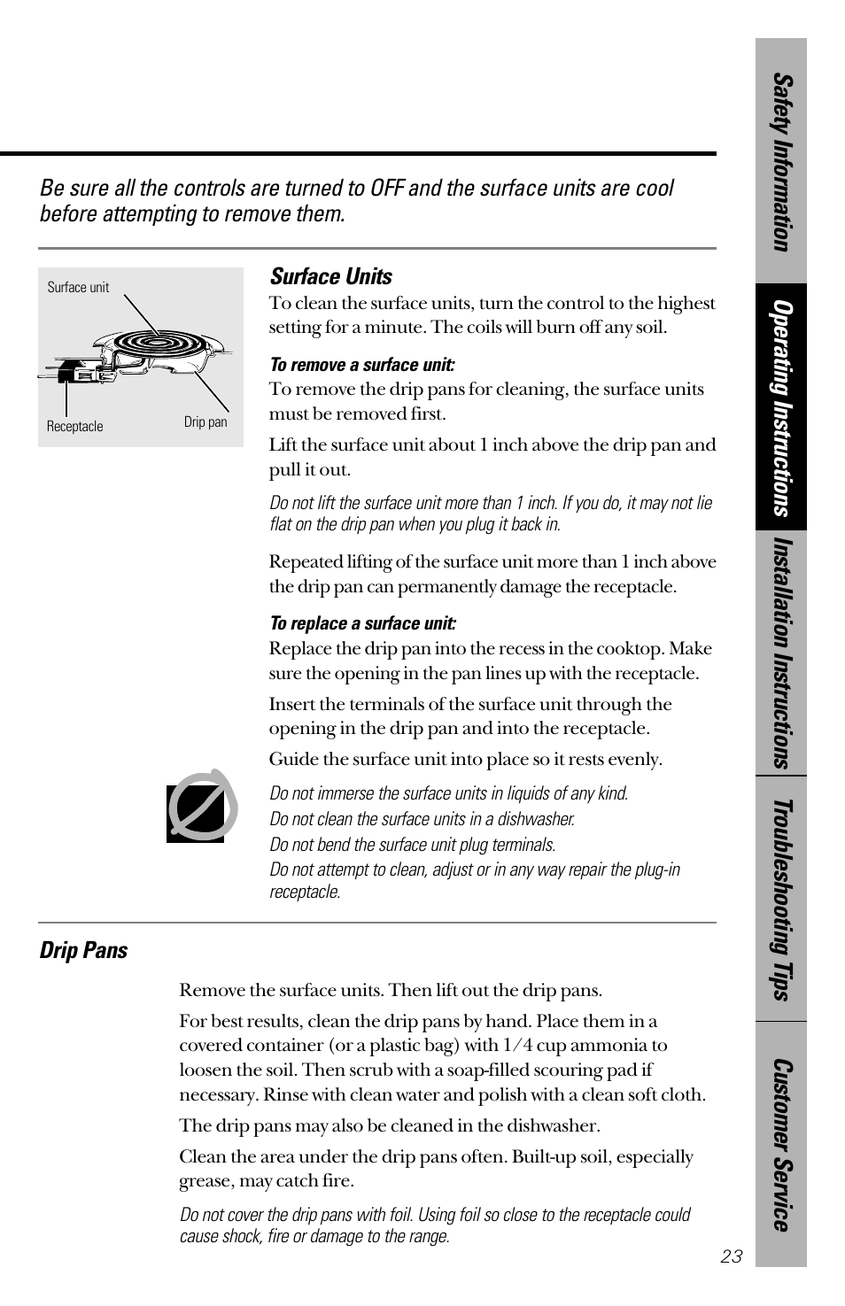 Drip pans | Hotpoint RB533 User Manual | Page 23 / 40