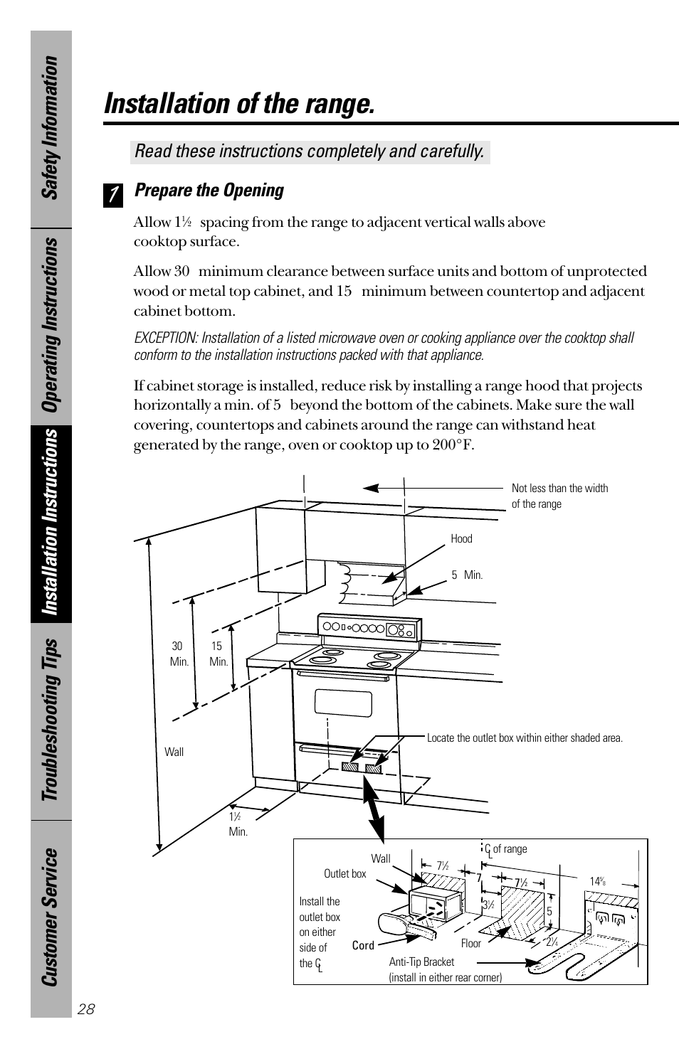 Prepare the opening, Installation of the range, Read these instructions completely and carefully | Hotpoint RB533 User Manual | Page 28 / 40