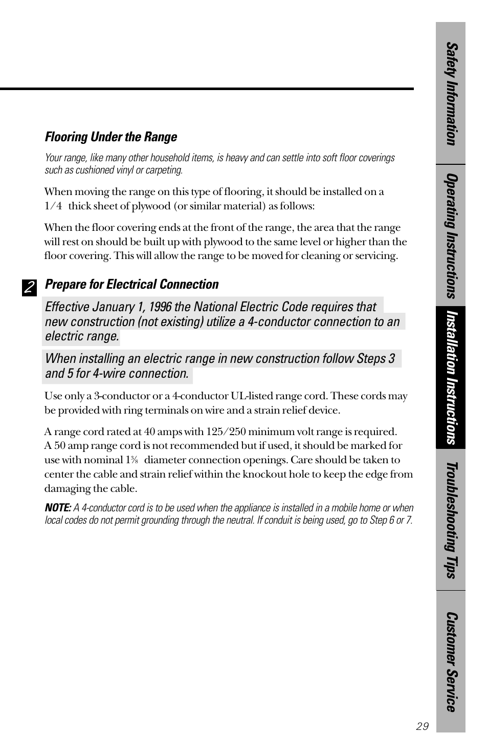 Flooring, Electrical connection, Flooring electrical connection –34 | Hotpoint RB533 User Manual | Page 29 / 40