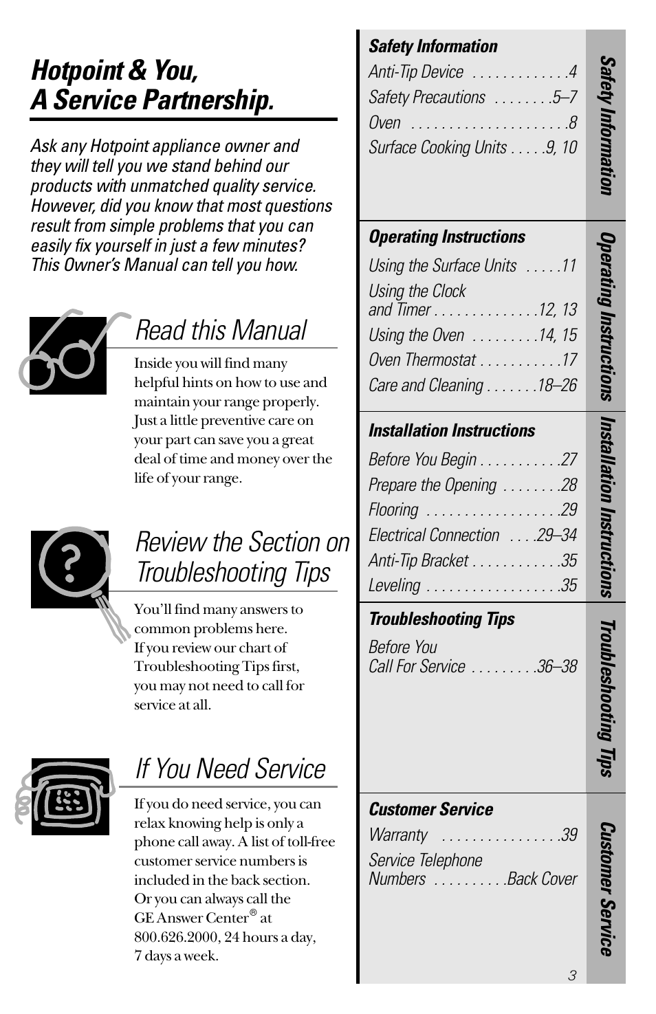 Safety information, Operating instructions, Installation instructions | Troubleshooting tips, Customer service, Hotpoint & you, a service partnership, Read this manual, If you need service | Hotpoint RB533 User Manual | Page 3 / 40