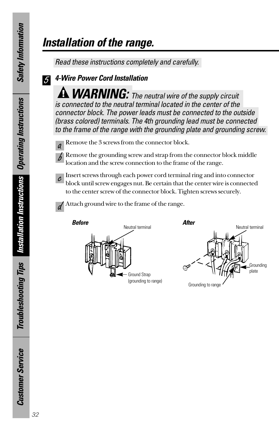 Warning, Dc b a 5, Installation of the range | Hotpoint RB533 User Manual | Page 32 / 40